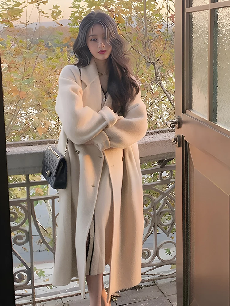 

Двустороннее шерстяное пальто Oaeal для женщин: корейская версия, приталенное, с эффектом стройности, премиум-класса