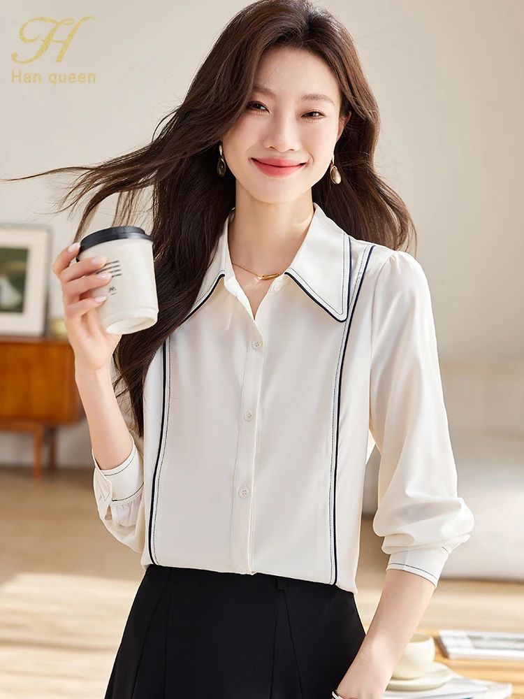 H Han Queen 2024 Korean Dongdaemun Elegant Autumn Chiffon Simple Office Blouse Loose Tops Long Sleeve Shirt Casual Blouses Women