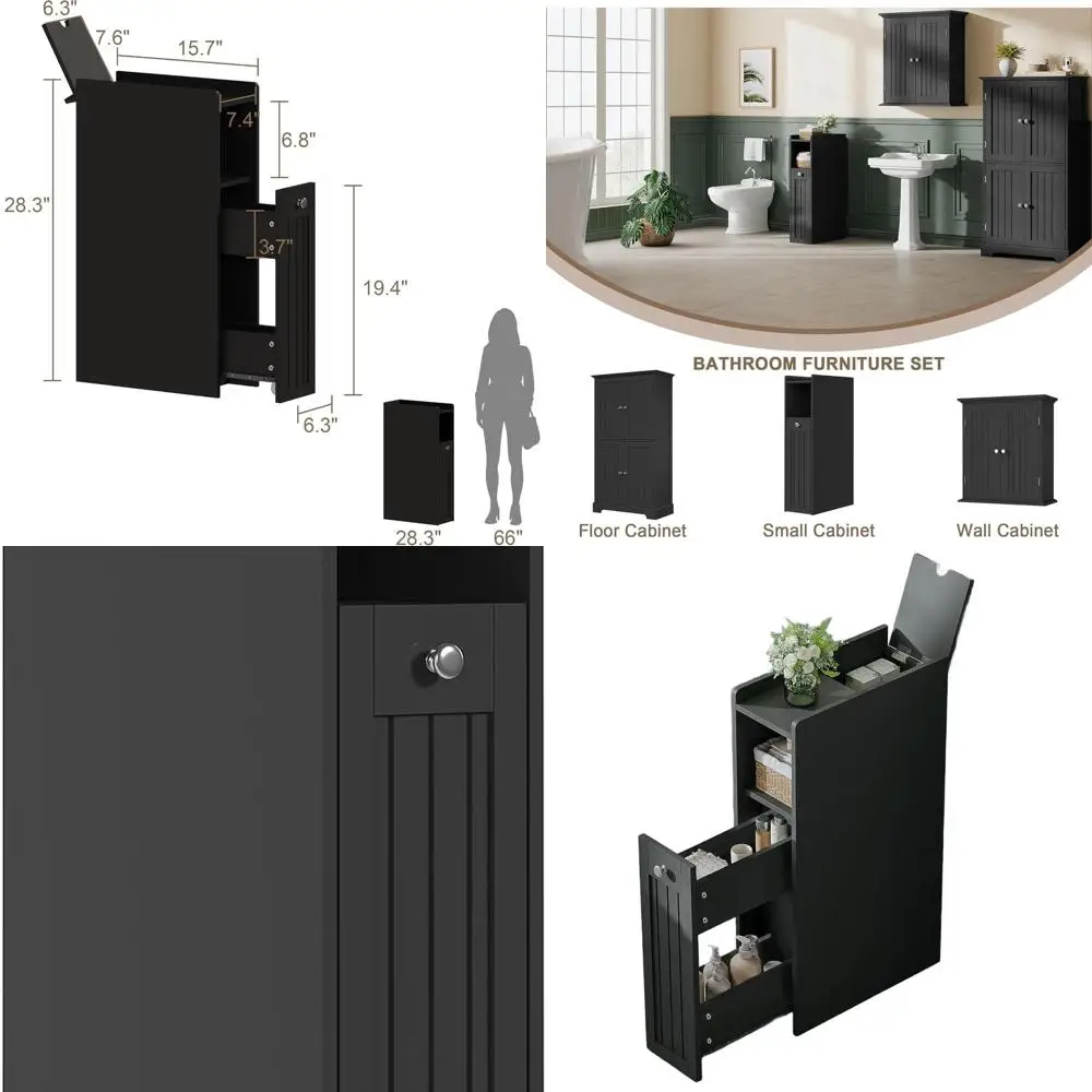 

Compact Black Bathroom Storage Cabinet with Pull-Out Drawer and Toilet Paper Storage for Small Spaces