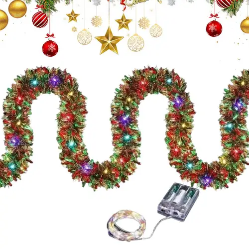 LED 조명이 있는 크리스마스 틴셀 화환, 크리스마스 트리 장식 화환, 크리스마스 트리 장식품, 크리스마스 용품, 5m, 16ft 