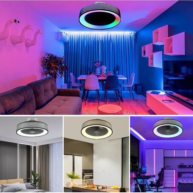 Ceiling Fan with Light Smart Bladeless Ceiling Fans with RGB Lights LED 6 Wind Speeds Festival Ambient Flush Mount Fan Light