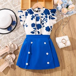 Royal Blue Outfit 2025 New Summer 8-12 Years Preteen Girls 2 pcs Printed Vest & Button Trim Skorts Fashion Korean Style Girls Se