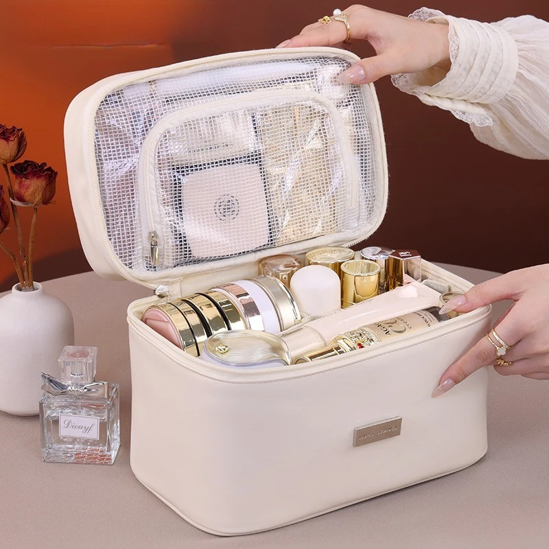 Women bag Portable PU Leather Cosmetic Bag - Durable Makeup Pencil Case with Zipper, for Brushes, Lipsticks & Travel Essentials