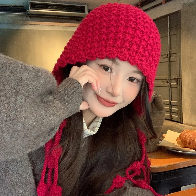 

Autumn Winter Korean Warm Woolen Hat Hand Woven Hollow Bowhead Women's National Soild Color Ear Protection Head Knitted Hats