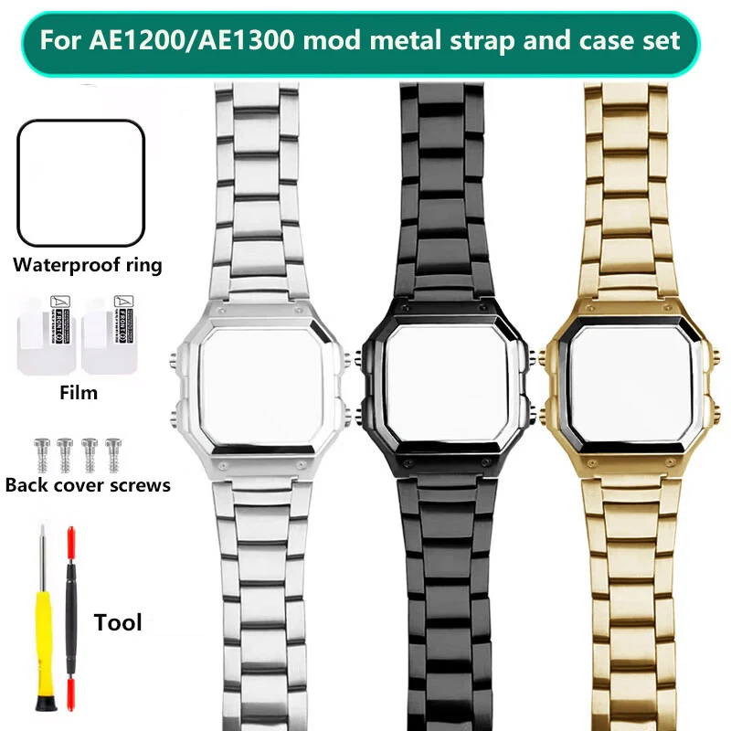 AE1200 Logam Case Mod Kit untuk Casio 3299 AE-1200 AE-1300 Bezel Kaca Tali Cincin Stainless Steel Watch Band Dimodifikasi Aksesoris