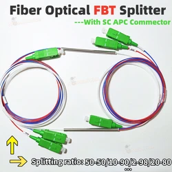 Divisor de fibra óptica FBT SC/con conector APC, acoplador desequilibrado SC APC de 1x2 0,9mm, divisor de relación opcional de modo único, 10 Uds./lote