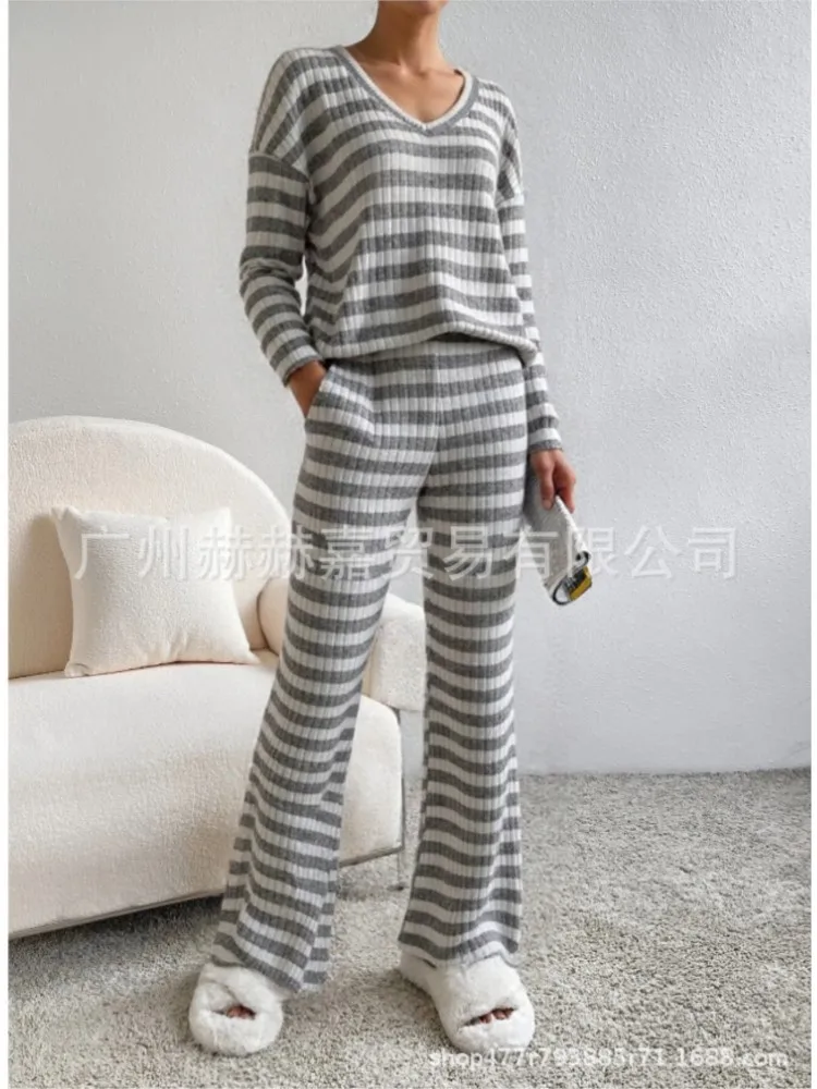 

2025 Autumn New Fashion Straight Pants Loose Pit Knitted Two-piece Sets Women's Casual Stripe V-neck Long Sleeve 2piece Set