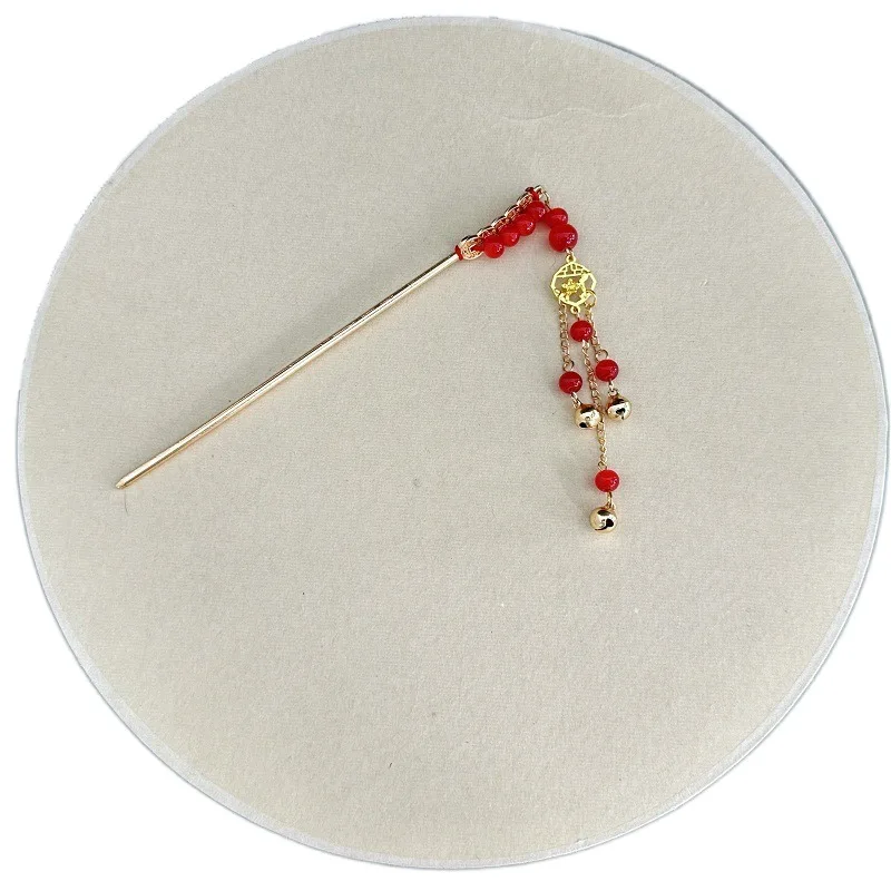 Antique Ancient Hair Stick Copper Coin Chinese Style New Year Hairpin Red Hair Accessories Tassel Hanfu Hair Fork