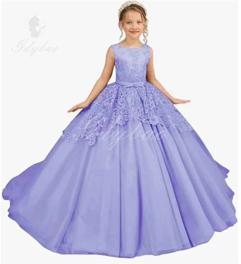 A + vestido de niña de flores para boda, Apliques de encaje, vestidos de desfile de princesa bordados, vestidos de fiesta de cumpleaños, vestidos de fiesta de boda