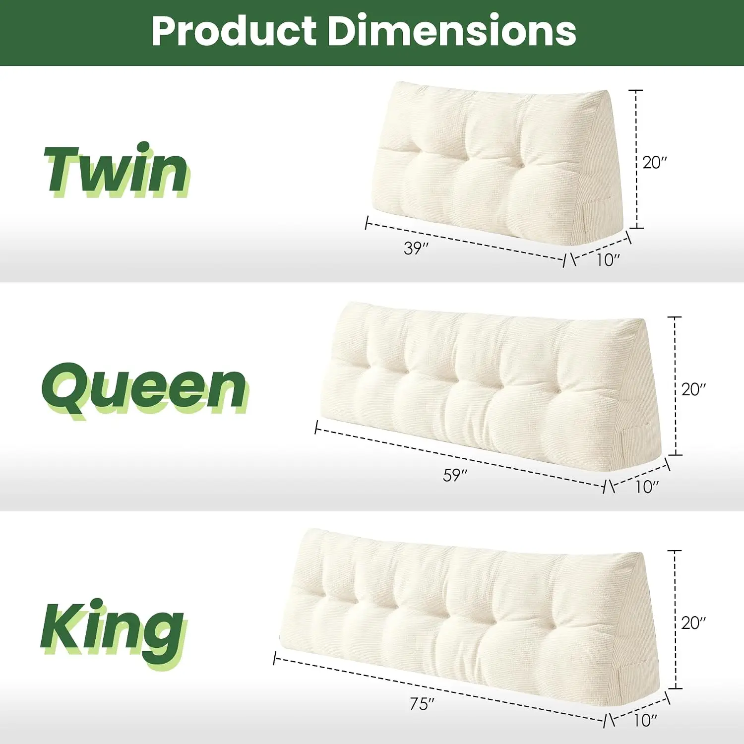 Queen Size Triangular Headboard Wedge Pillow, Bed Backrest Cushion for Sitting Up, Reading, and Working, Daybed Pillow for Bed, Dorm, and Sofa, Beige