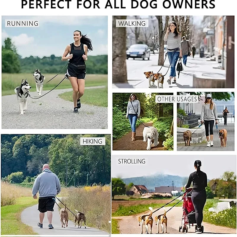 Dogs leash running elasticity handsfree dog leash jogging hands free leash Double handle lead walking Waist Belt bag Reflective