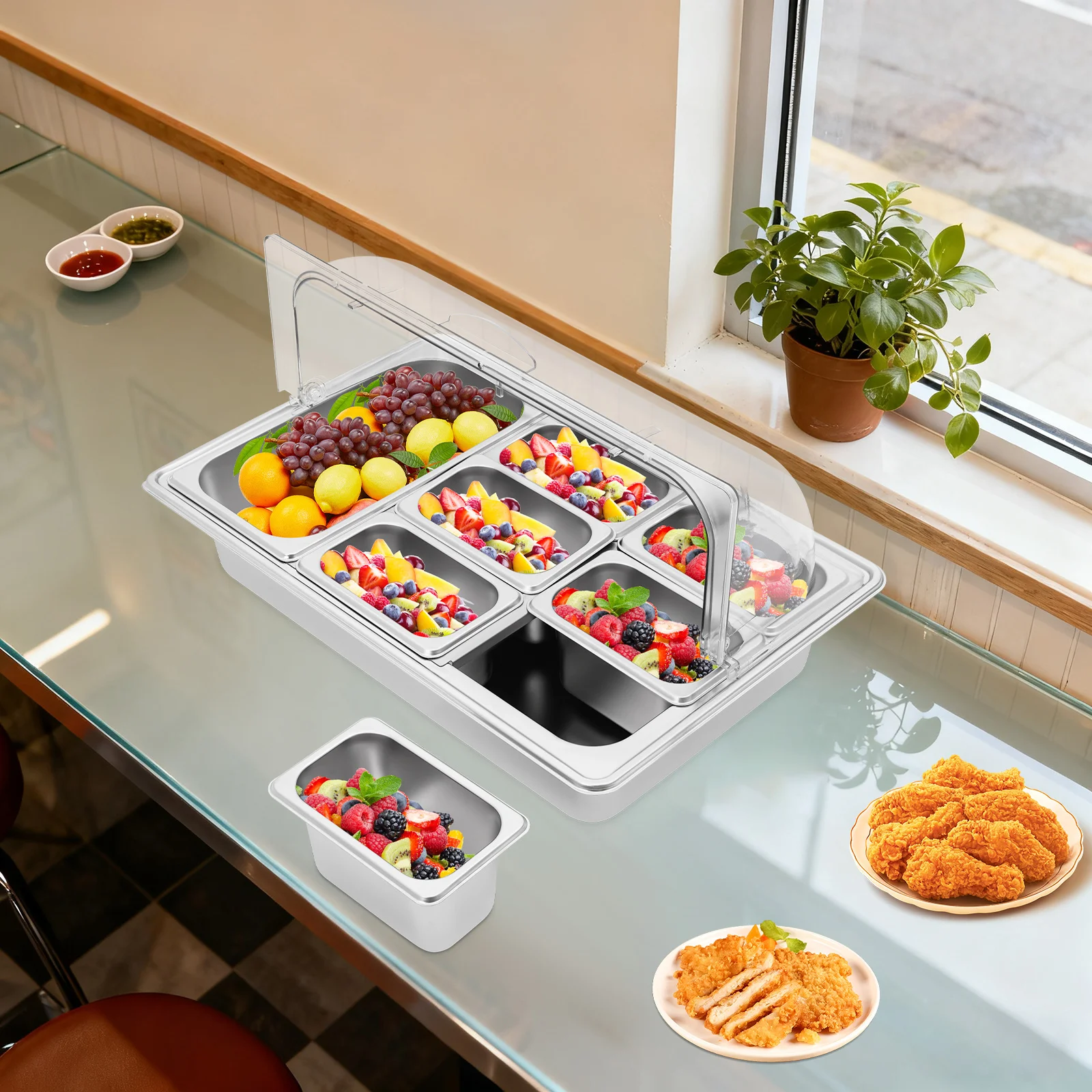 

7 Pans Ice Food Container, Food Serving Tray with Clear Roll Top Cover, Food Serving Display Container for Dessert Shops