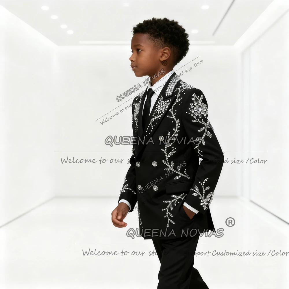 Unique Desingn Boy's Attire For Wedding Diamond Beaded Stone Children Blazer Outfits 2 Pieces Sets Double Breasted Kids Tuxedos