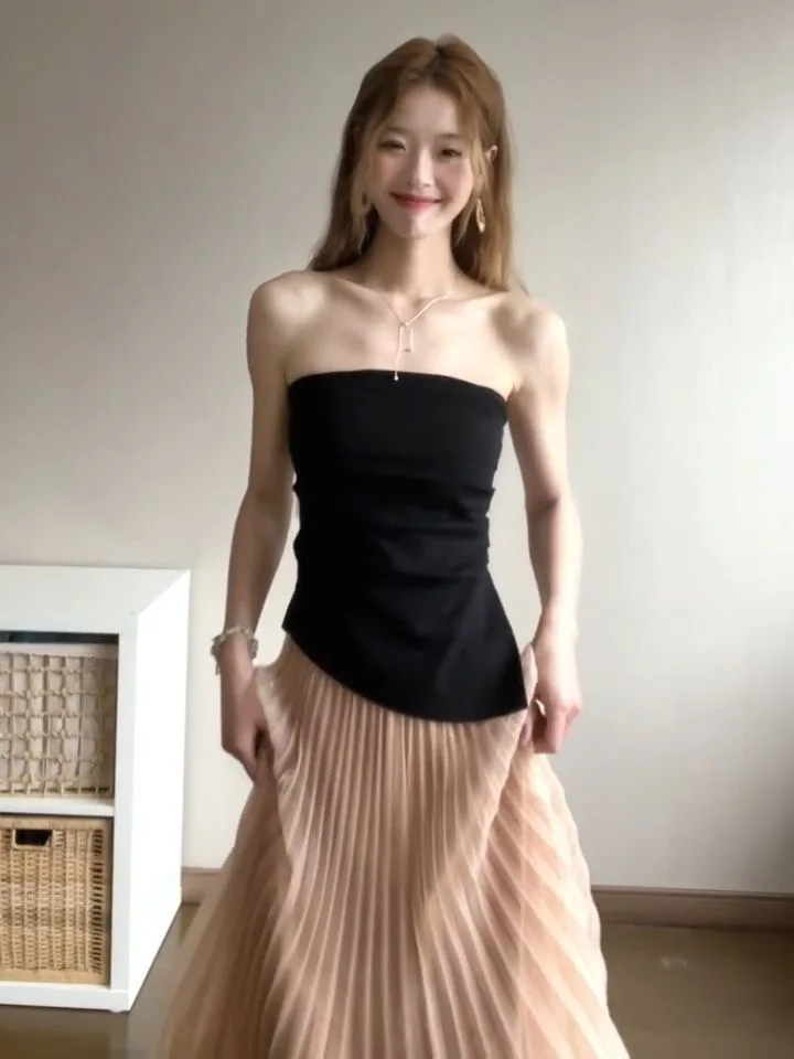 

Elegant Black Asymmetrical Tube Top And Skirt Set Women's Summer Drapy A-Line Dress Two-Piece Ensemble Chic Casual Wear