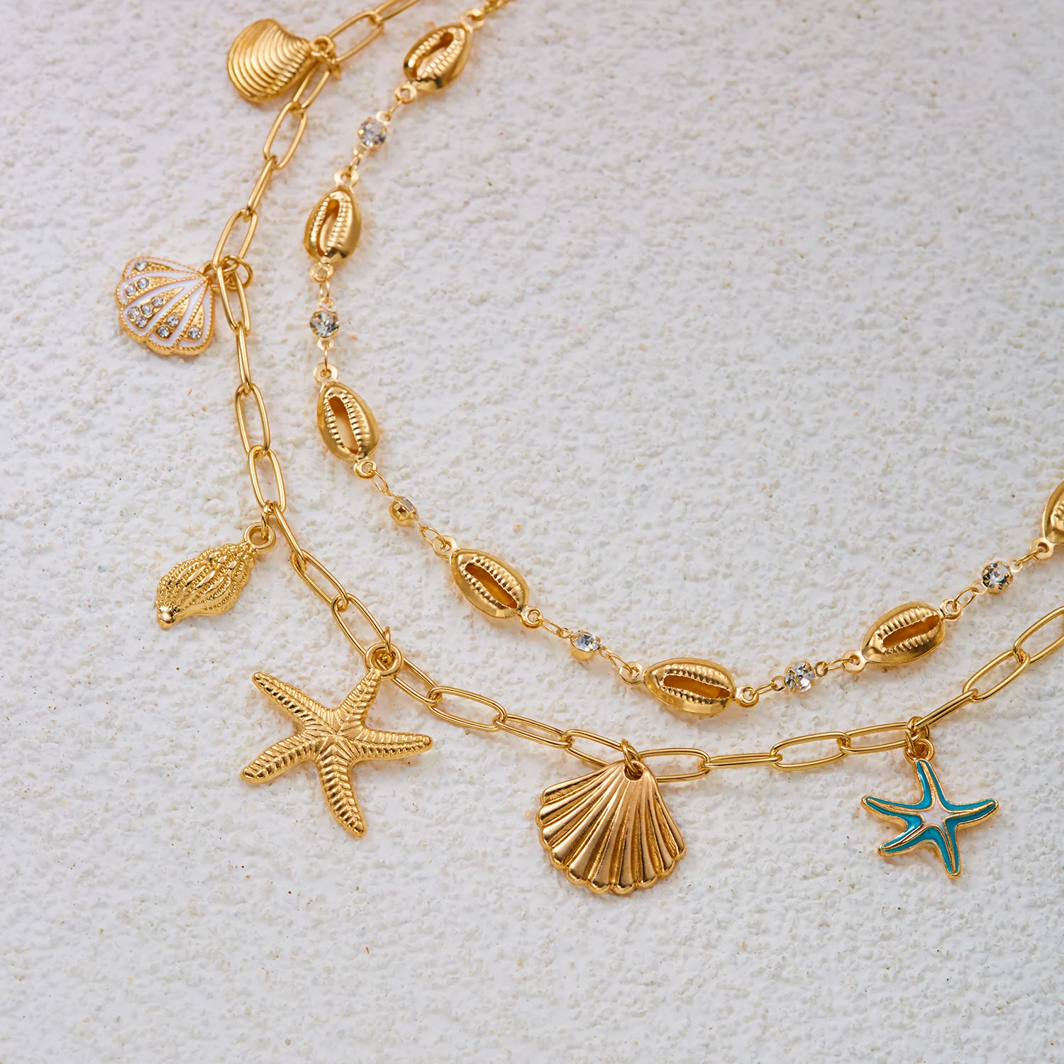 Seestern-Muschel-Mehrschichtige Choker-Halsketten für Frauen, Boho Goldfarbene Muschelketten, Charms, Strand-Sommer-Party-Schmuck, Geschenk – Detail 6