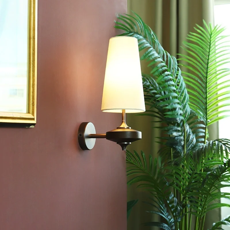 Modern Wall Lamp with Colored Fabric Shades Wood& Metal Base, Simple Design LED Sconce for Bedroom Lounge Hotel Lighting