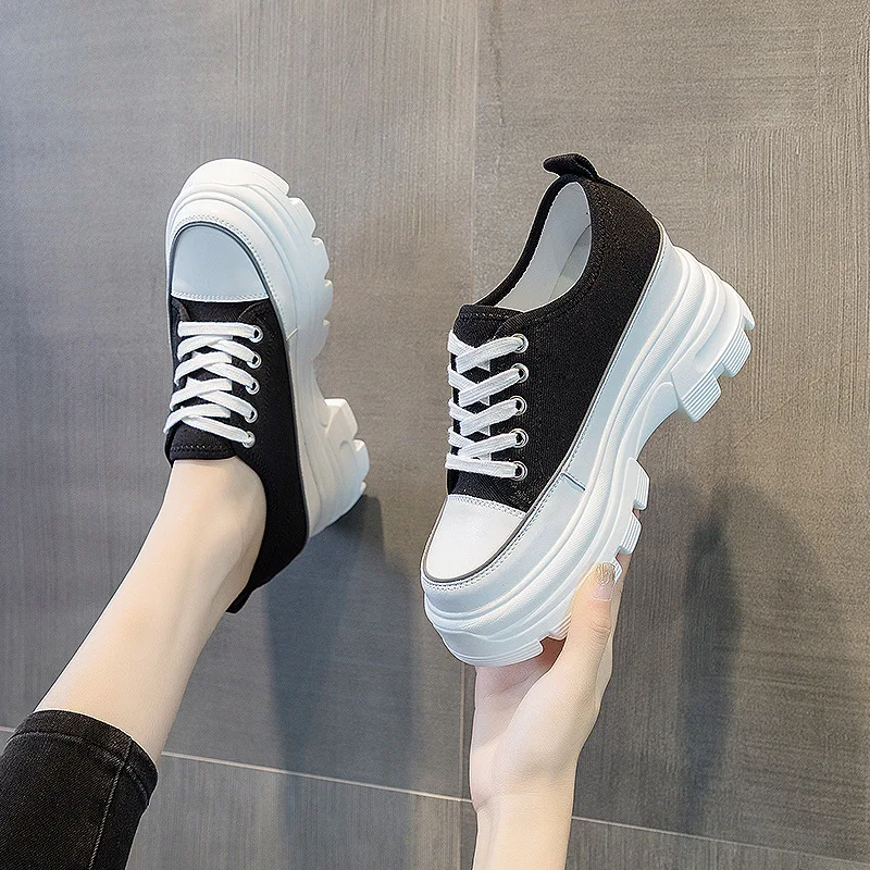 8CM Super Thick Sole Platform Shoes Sneakers Chunky Wedge Hidden Heel Casual Shoes Lace Up Vulcanized Shoes