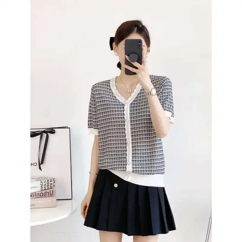 

Летний женский вязаный пуловер с v-образным вырезом ort Sve, свободный пуловер с ярким тирезом и блестящим узором, повседневный удобный топ Faion