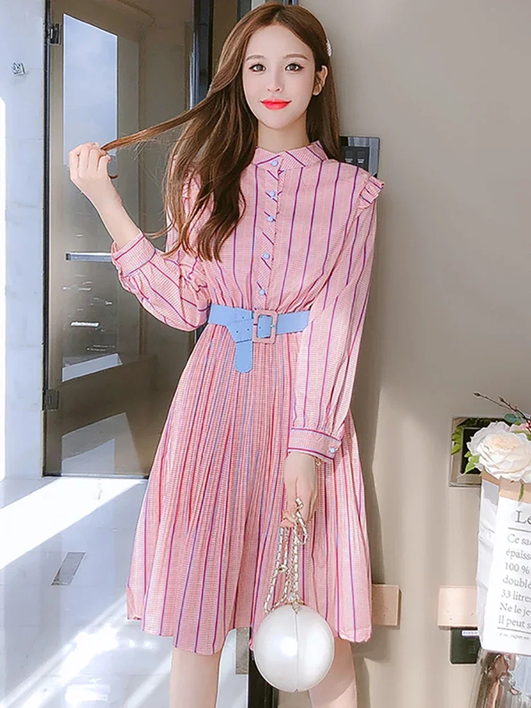 Vestido Midi a rayas de manga larga para mujer, elegante vestido informal para el hogar, Bodycon coreano para fiesta y Festival, color rosa, Otoño, 2024