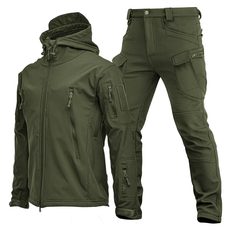 Mens Outdoor Shark Skin Softshell Jacket Set Spring Autumn Winter Military Windproof Breathable Fleece Lined