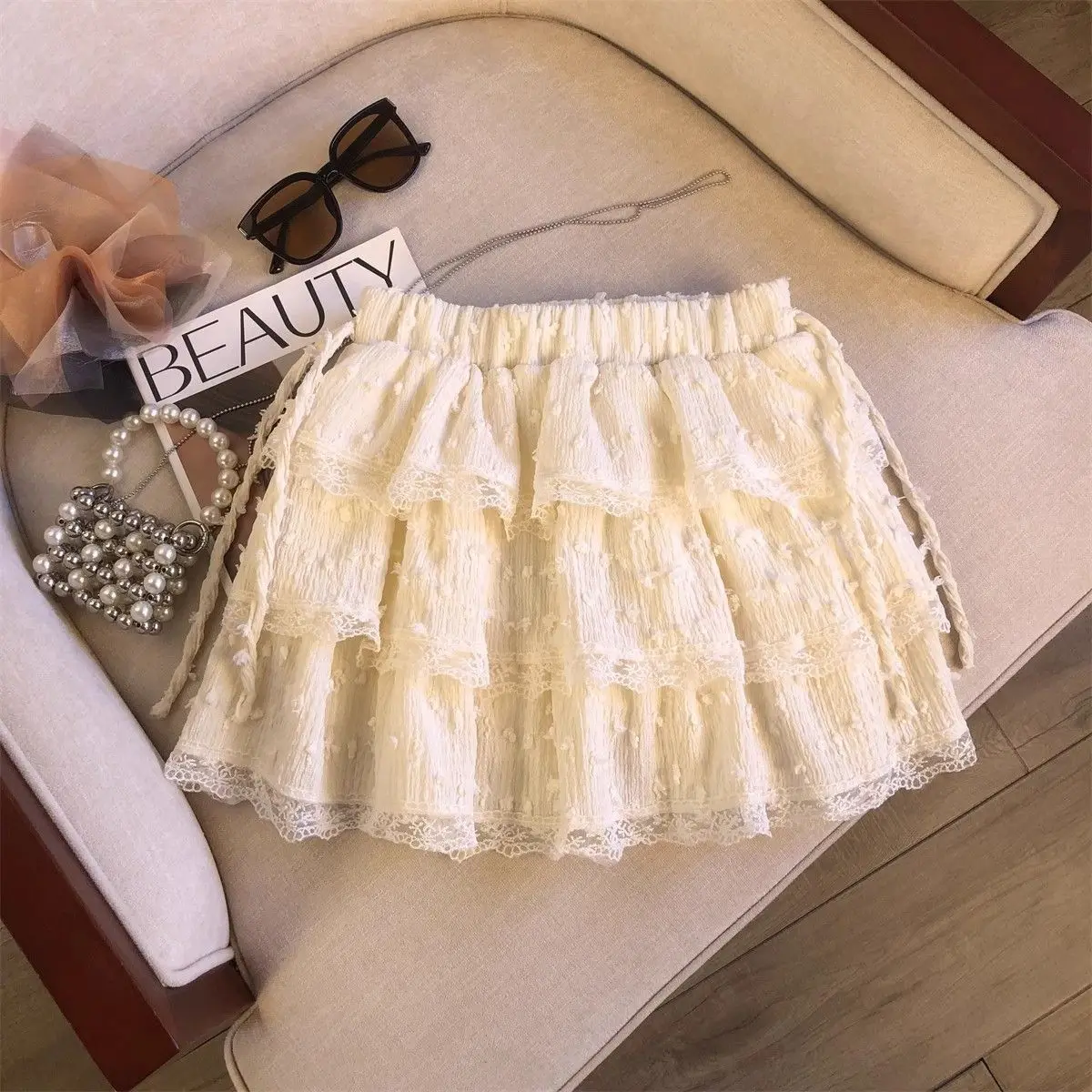 

Пышная юбка-кейк с кружевной отделкой Sweet And Spicy, женская дизайнерская модель, высокая талия, из полиэфирного волокна