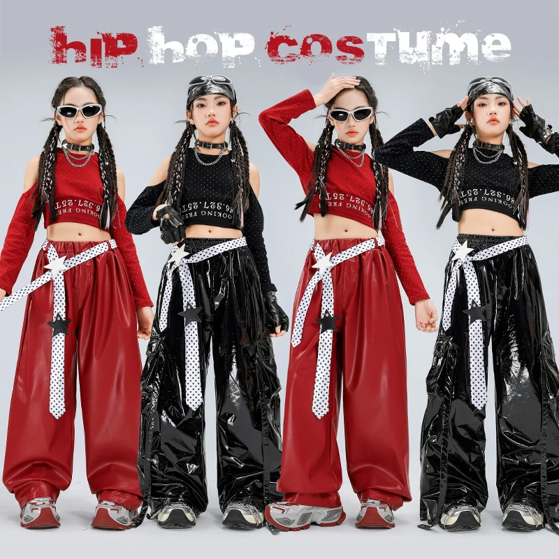 

Марлевый укороченный топ для уличных танцев, детская рубашка с блестками, брюки из искусственной кожи в стиле хип-хоп, джаз, комплекты одежды, детская уличная одежда, костюмы K-pop