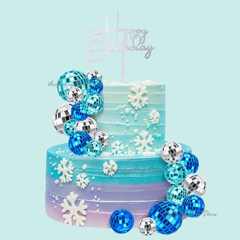 21-teiliges Spiegelkugel-Kuchendekorations-Set Blau Silber Disco-Kugeln Kuchendekoration Happy Birthday Kuchenaufsatz 80er Disco-Party Cupcake-Deko