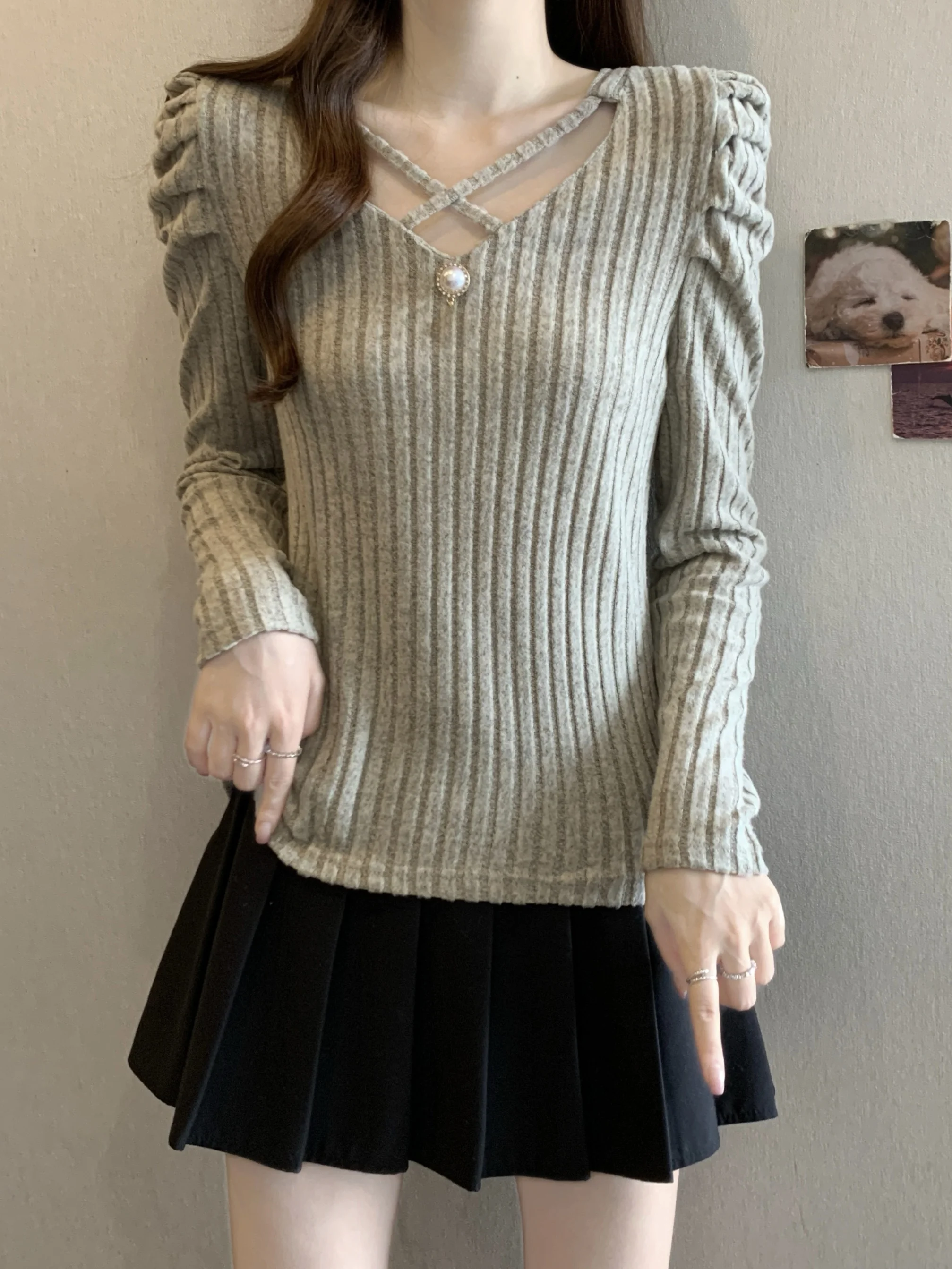 

Женский трикотажный топ Ele V-Ne Long Sve, базовый слой, корейский стиль, прямой крой, большие размеры, осень-зима, модный