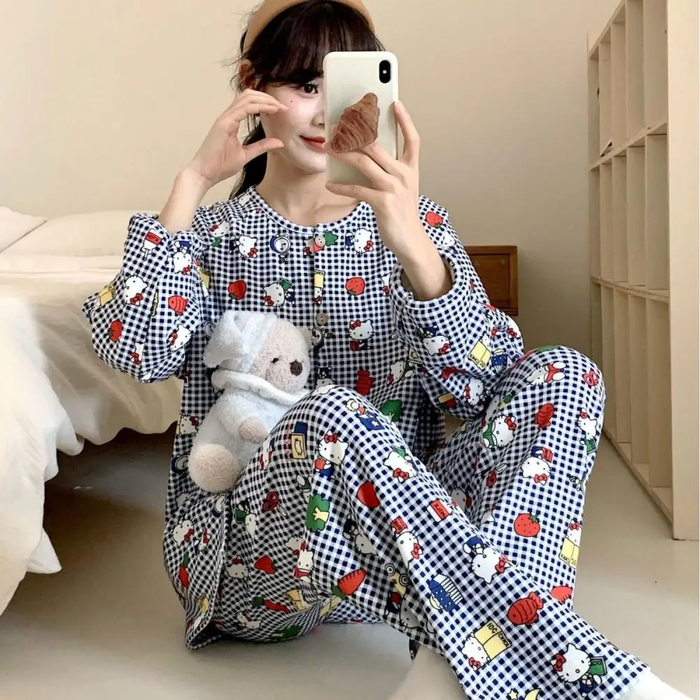 

Cartoon Cotton 2Pcs Pajamas Suit Hello Kitty Anime Loose Homewear Leisure Long Sleeved Trousers Kawaii Girls Nightgown Suit