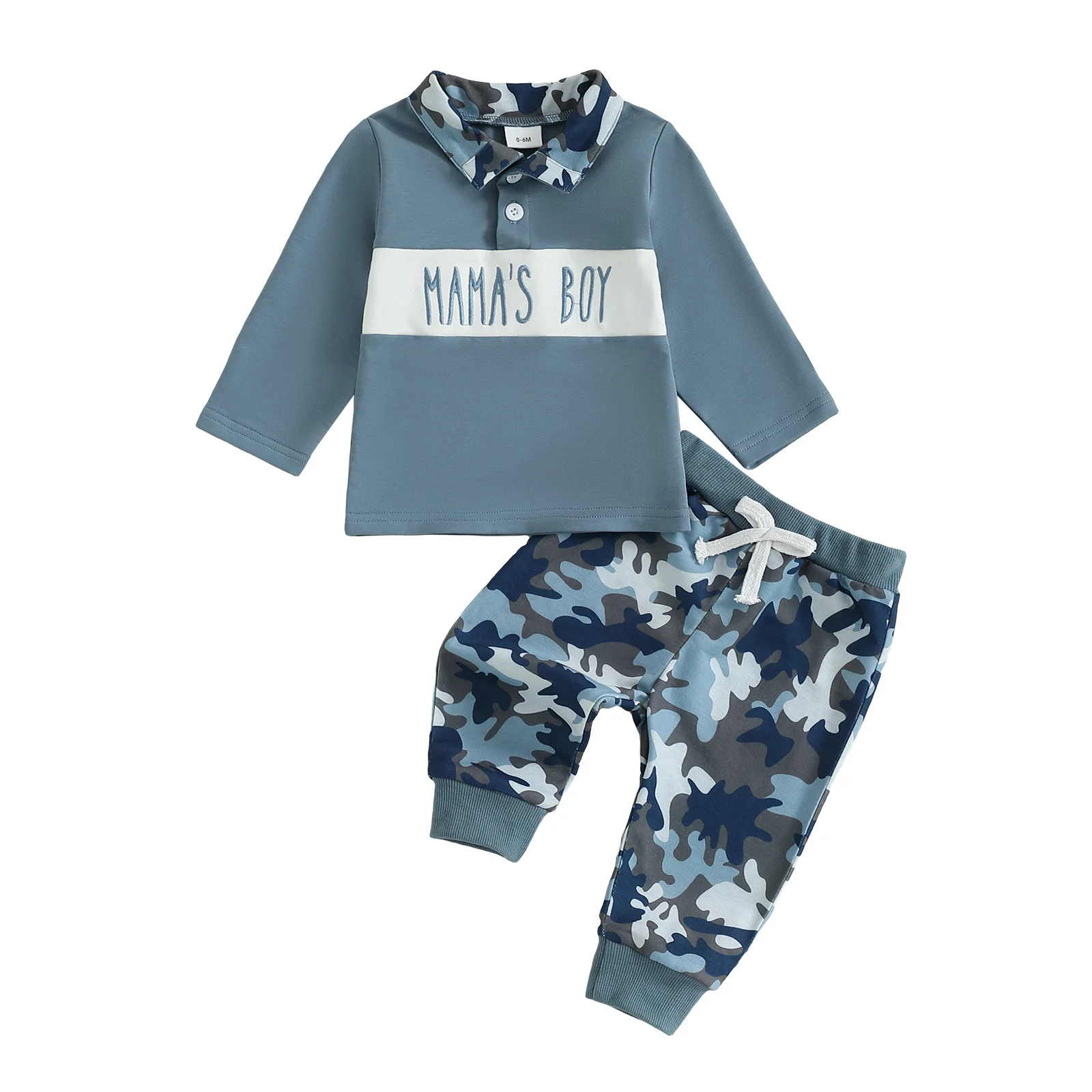 

Boys Autumn 2Pcs Pants Sets Long Sleeve Lapel Letter Embroidery Tops Camouflage Pants Sets