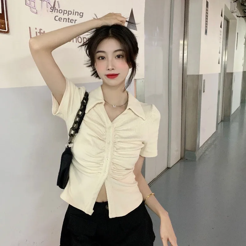 

Sweet Waist-Cinching ort Sve irt Summer 2024 Trendy Top Versatile Spicy Girl Faion Collar Casual Women's irt