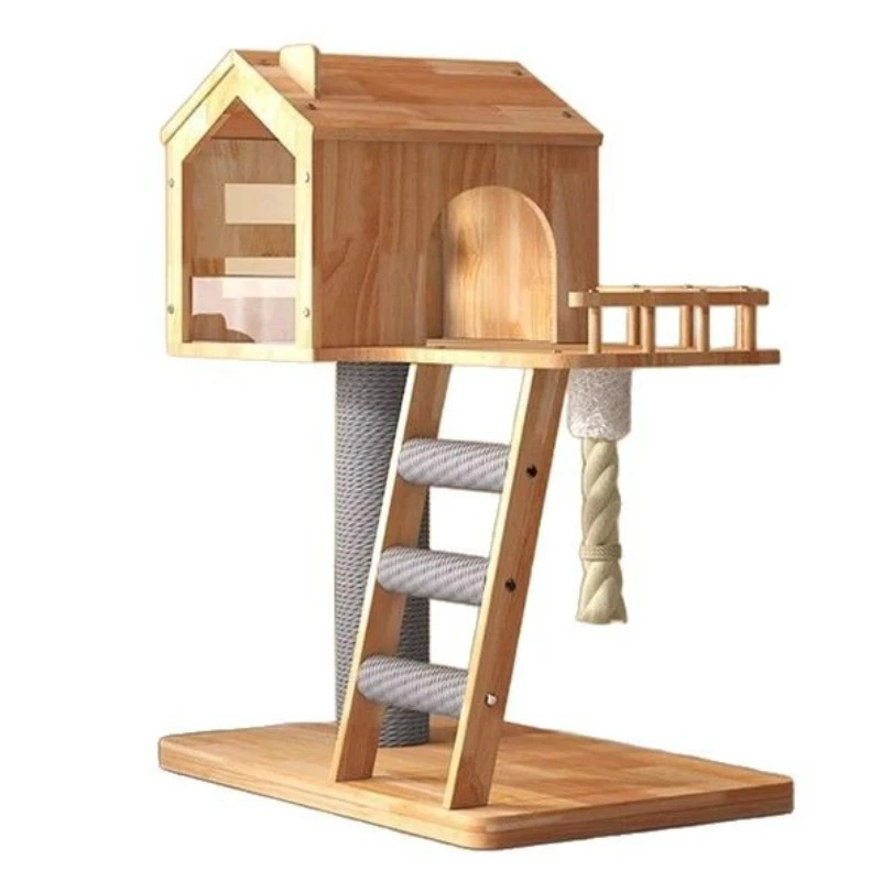 Small cat climbing frame cat nest teasing to relieve boredom self-hi wear-resistant solid wood scratching column