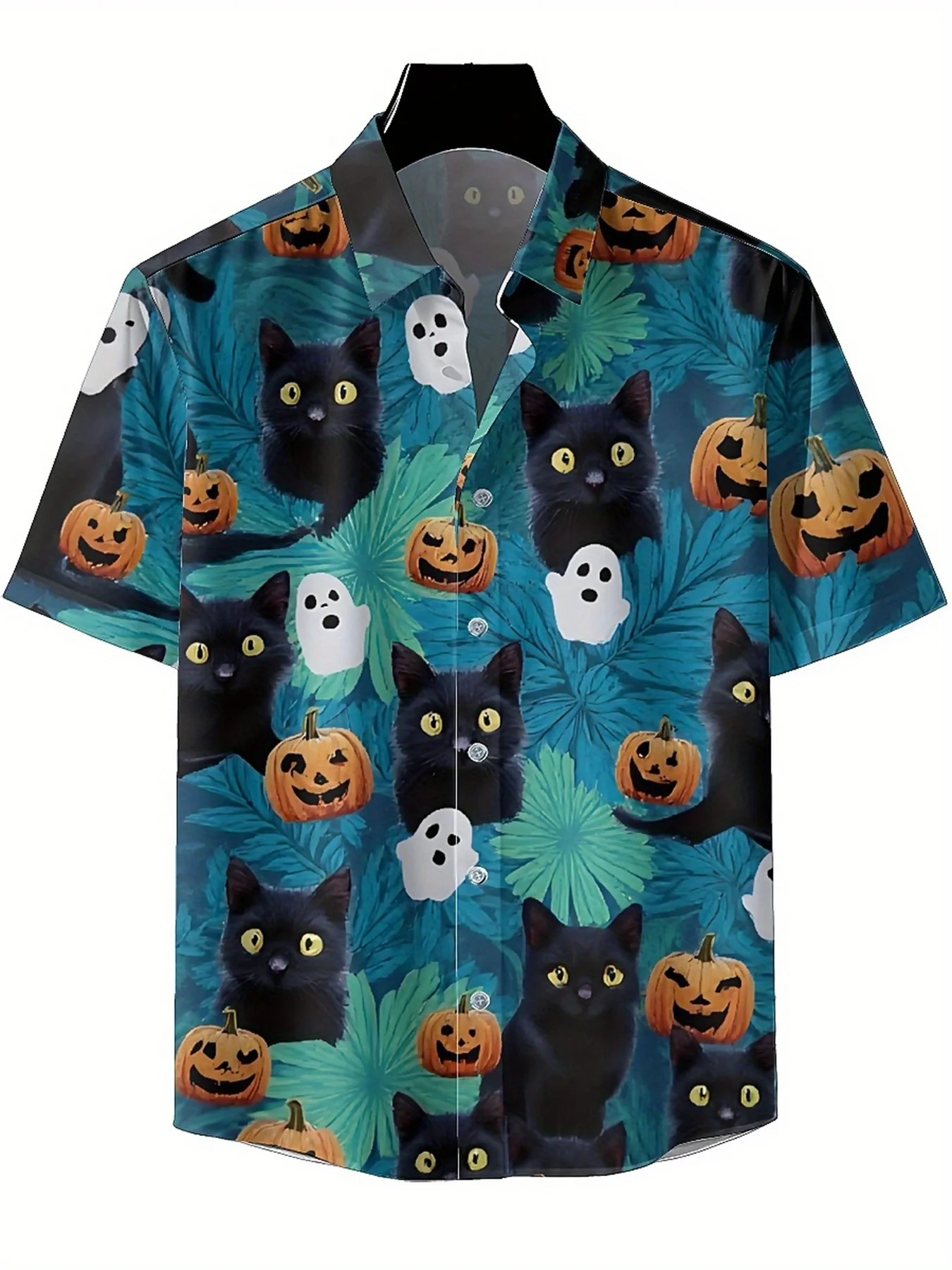 Men's Plus Size Hawaiian Shirts Halloween Black Cat Pumpkin Ghost Theme Pattern,Premium Comfort Youth Clothes,Y2K Tops