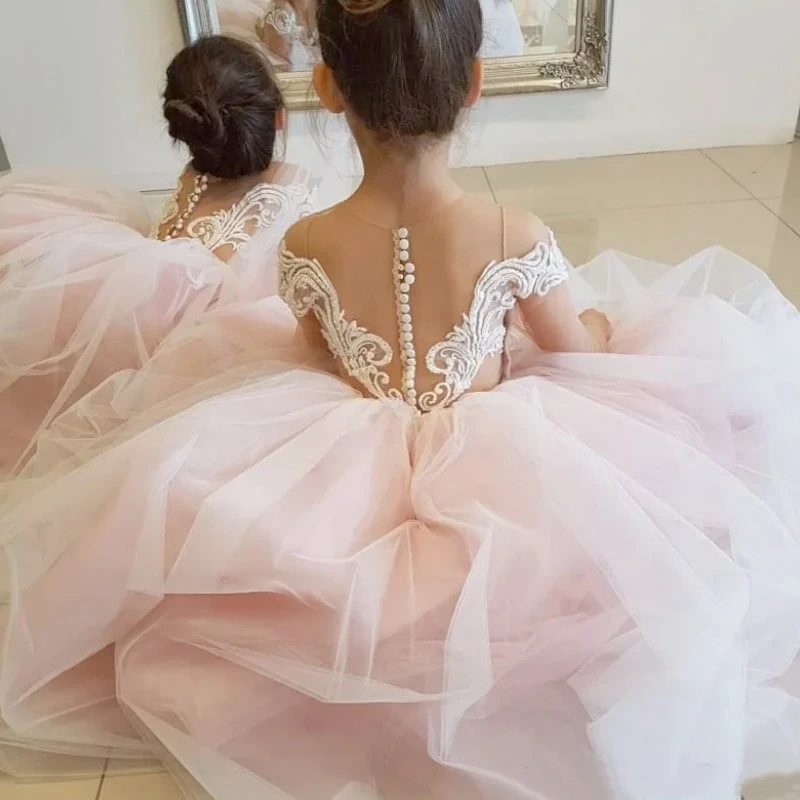 Pink Tulle Flower Girl Dresses Puffy Appliques Lace A-line Long Sleeves For Wedding Kids Birthday First Communion Princess Gowns