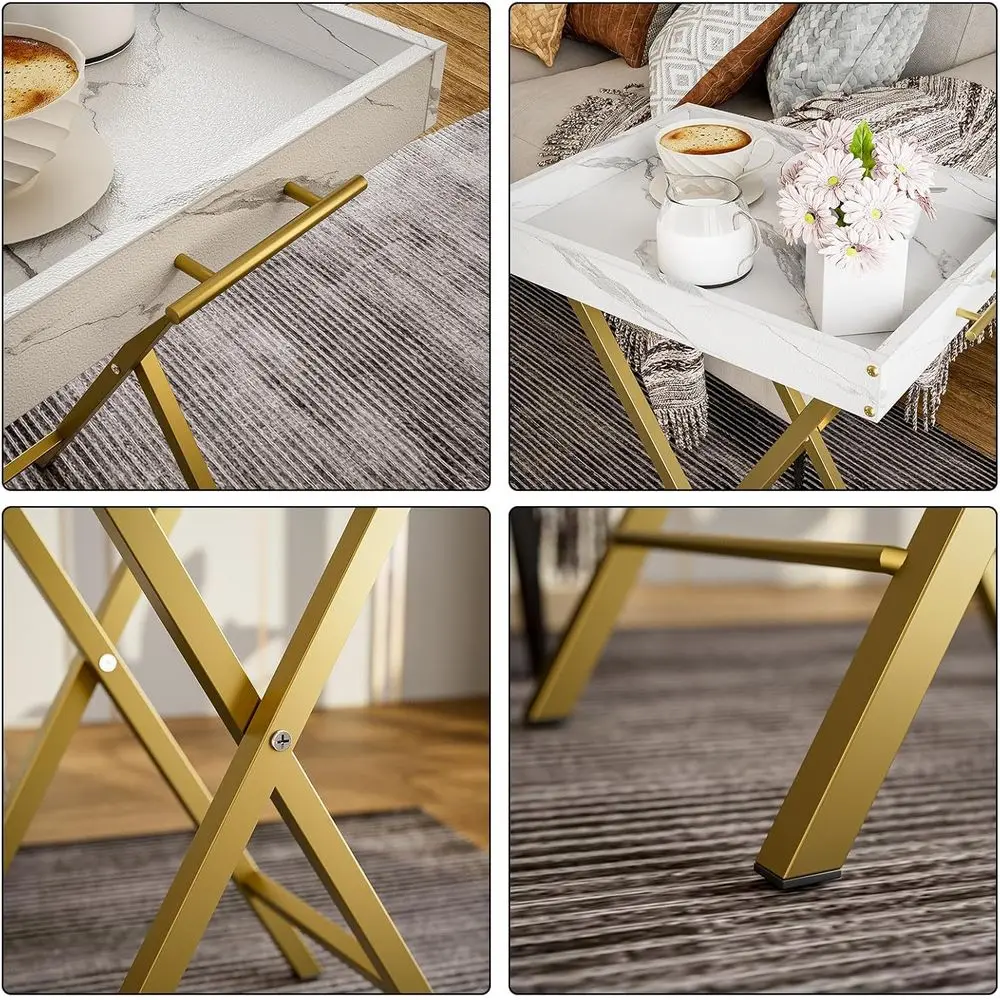 زوج من صواني التلفزيون القابلة للطي مع قمصان قابلة للفصل، مثالية للوجبات الخفيفة والخدمة في مساحات المعيشة، باللون الأبيض