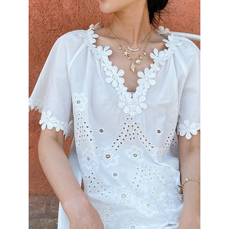 

Women’s 3D Flower Embroidery Hollow-out White Blouse French Style Boho Shirt Summer Casual Top and shorts