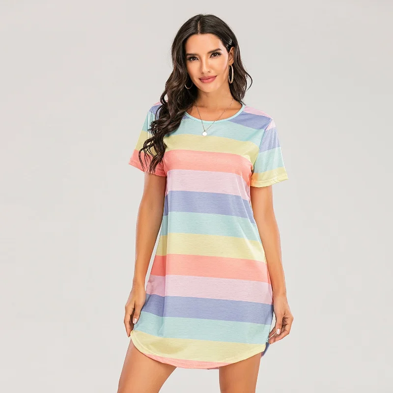 

Spring Summer Women's Nightdress Round Neck Short Sleeve Rainbow Striped Printed Loose Casual T-shirt Large Size Pajama Dress