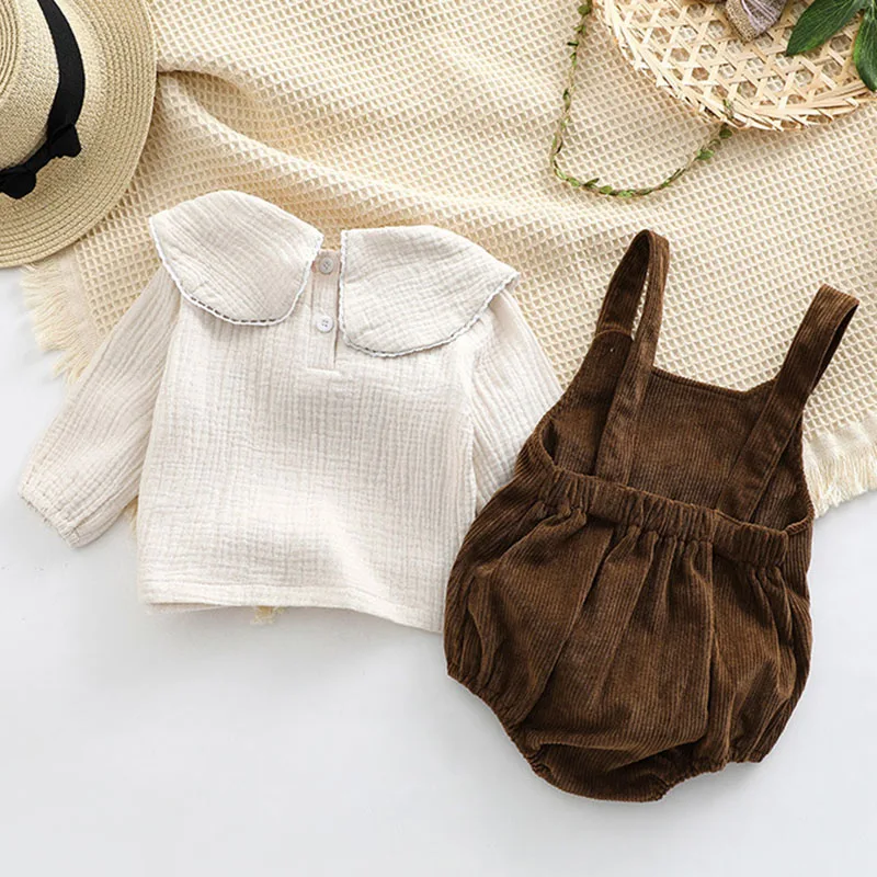 Infant Baby Girls Clothes Suit Long Sleeved Cotton Embroidered Shirt+Corduroy Jumpsuit Spring Autumn Children Clothing Suit