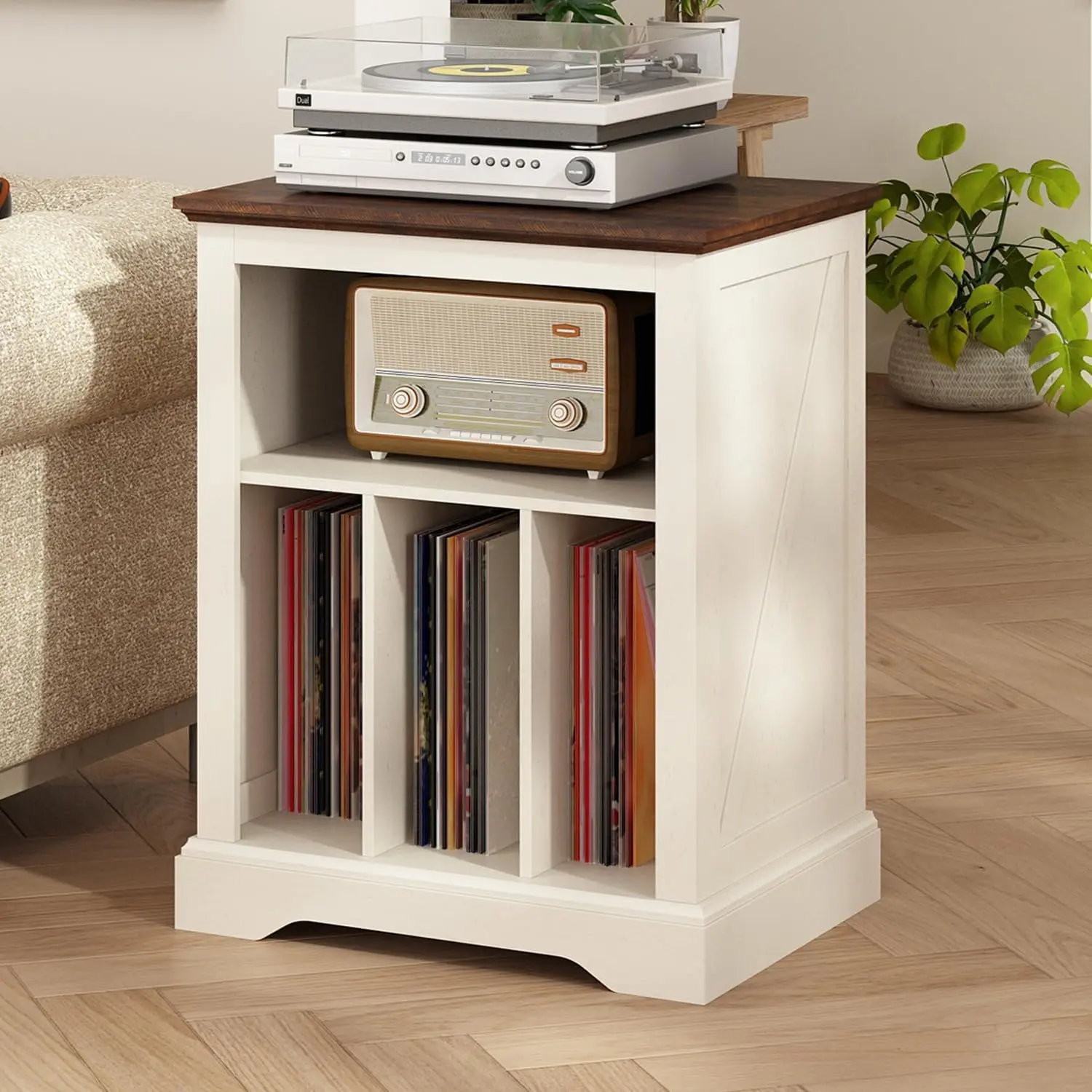 

Farmhouse Record Player Stand, 3 Tier End Table, Turntable Stand with Vinyl Record Storage, Wood Record Holder Cabinet D