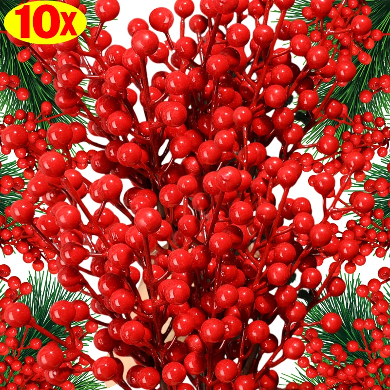 10/1pcs Artificial Red Berries Stems Simulation Christmas Holly Berry Branches DIY Wreath Xmas Tree Party Home Table Ornaments
