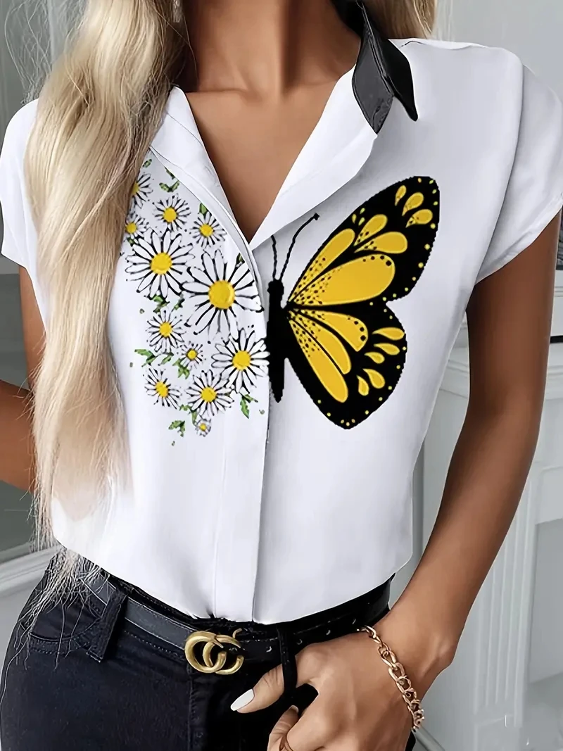 Fashion Women\'s Shirts & Blouses,Floral Butterfly Print Patchwork Button Shirt,2024 Spring & Summer Female Clothing Blouse Tops