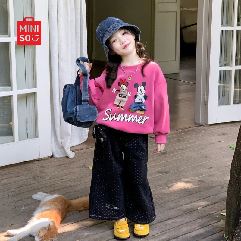 

Miniso 2025 Girls Winter Set, Cartoon Fleece Hoodie & Polka Dot Jeans Thermal Outfit for Kids