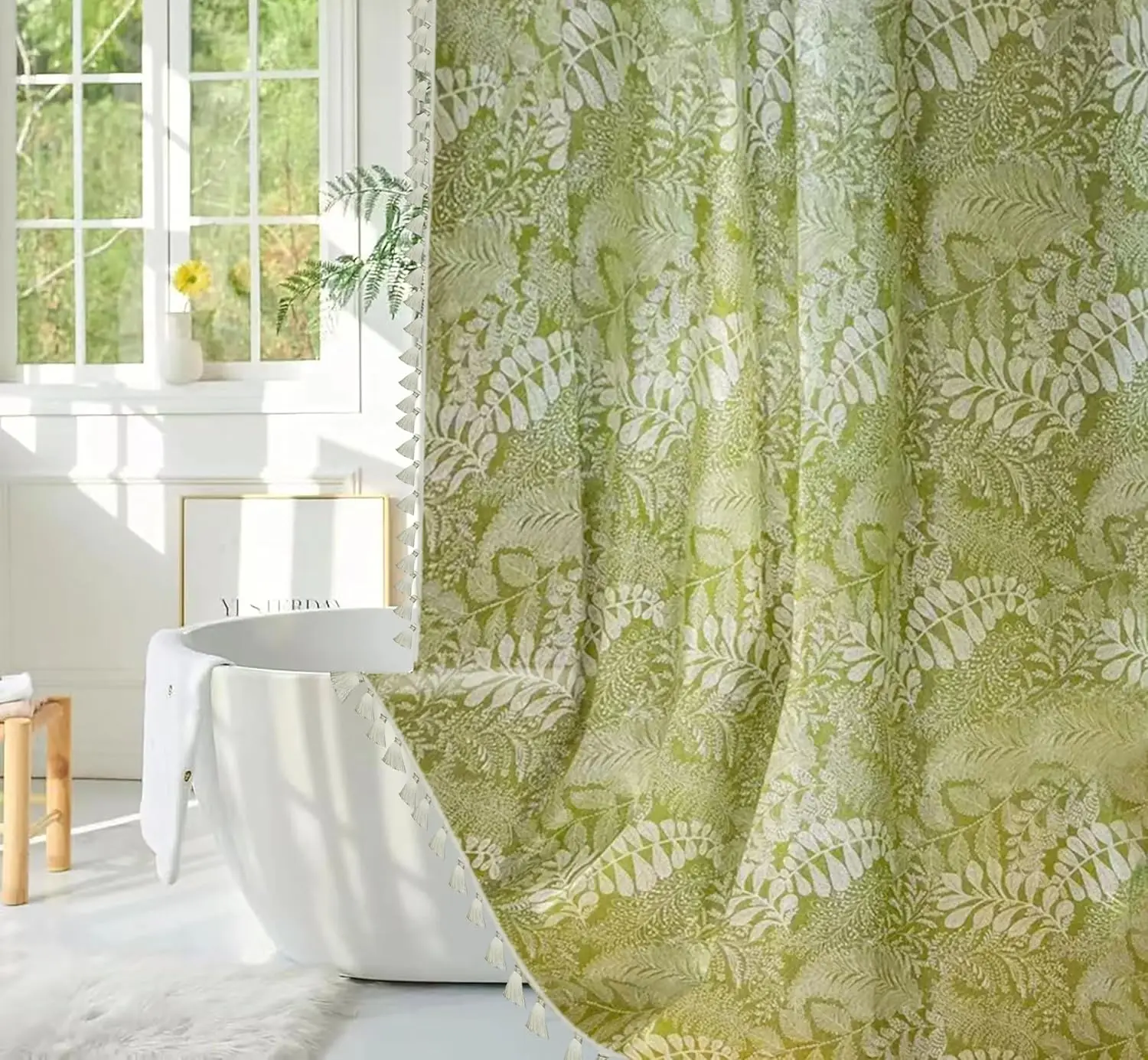 

Leaves Curtains for Living Room, Semi Sheer Boho Drapes Green Farmhouse Tassel Rod Pocket Window Curtain Panels Bedroom, 1 Panel