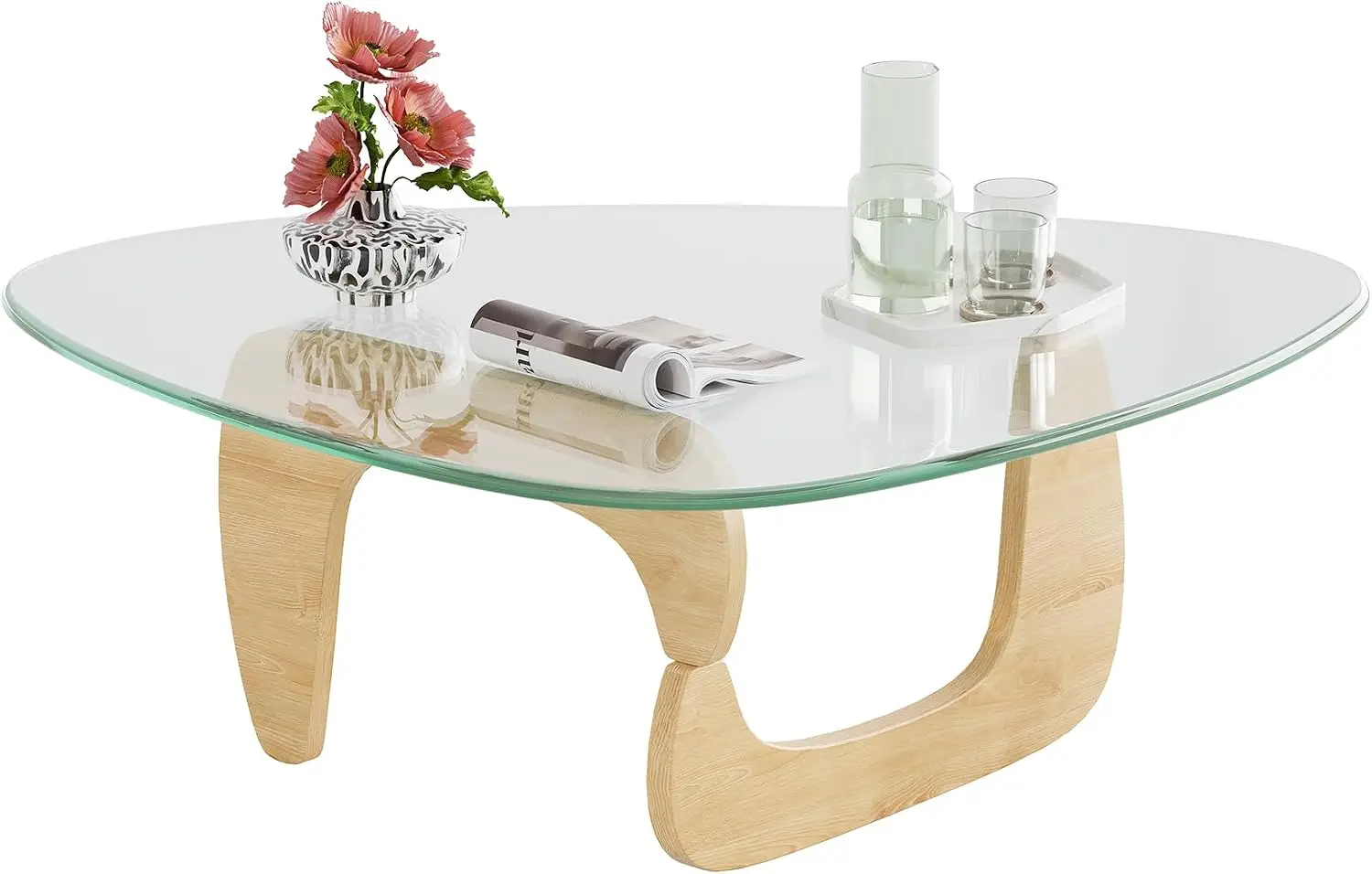 Mid-Century Triangular Coffee Table with Tempered Glass Top & Solid Wood Legs, Modern Small Living Room Center Table for Office or Reception