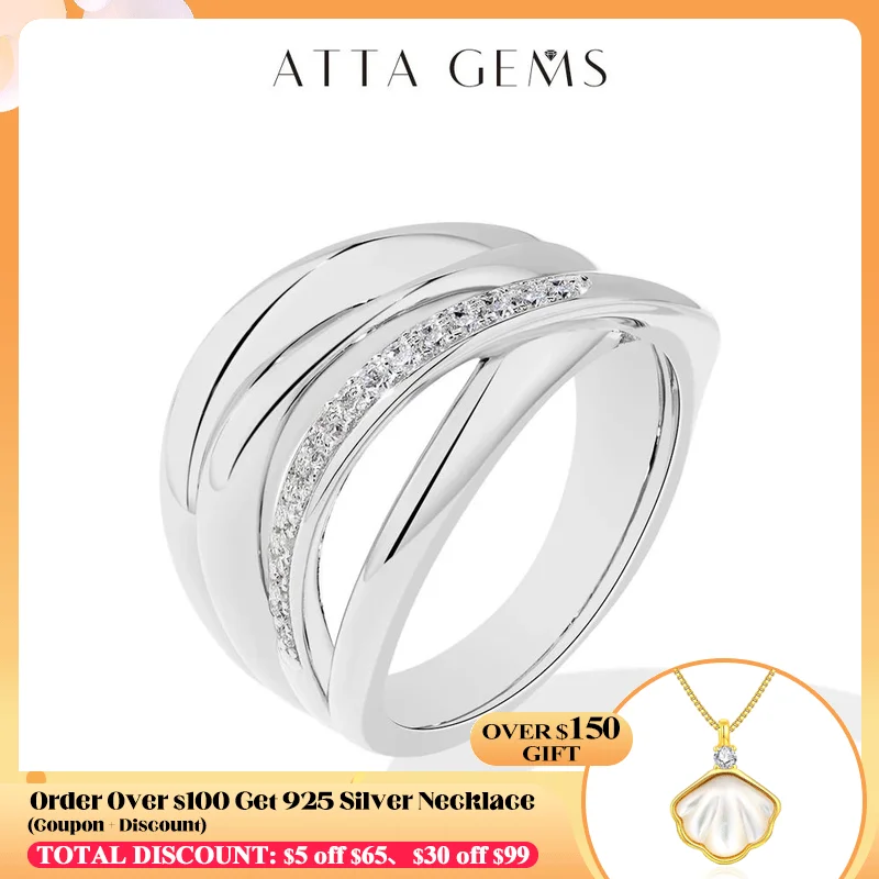 ATTAGEMS 2024 S925 Moissanite Ring for Women Sliver 18K Gold Plated D VVS1 Diamond 4-layer Line Wedding Jewelry Party Daily Gift