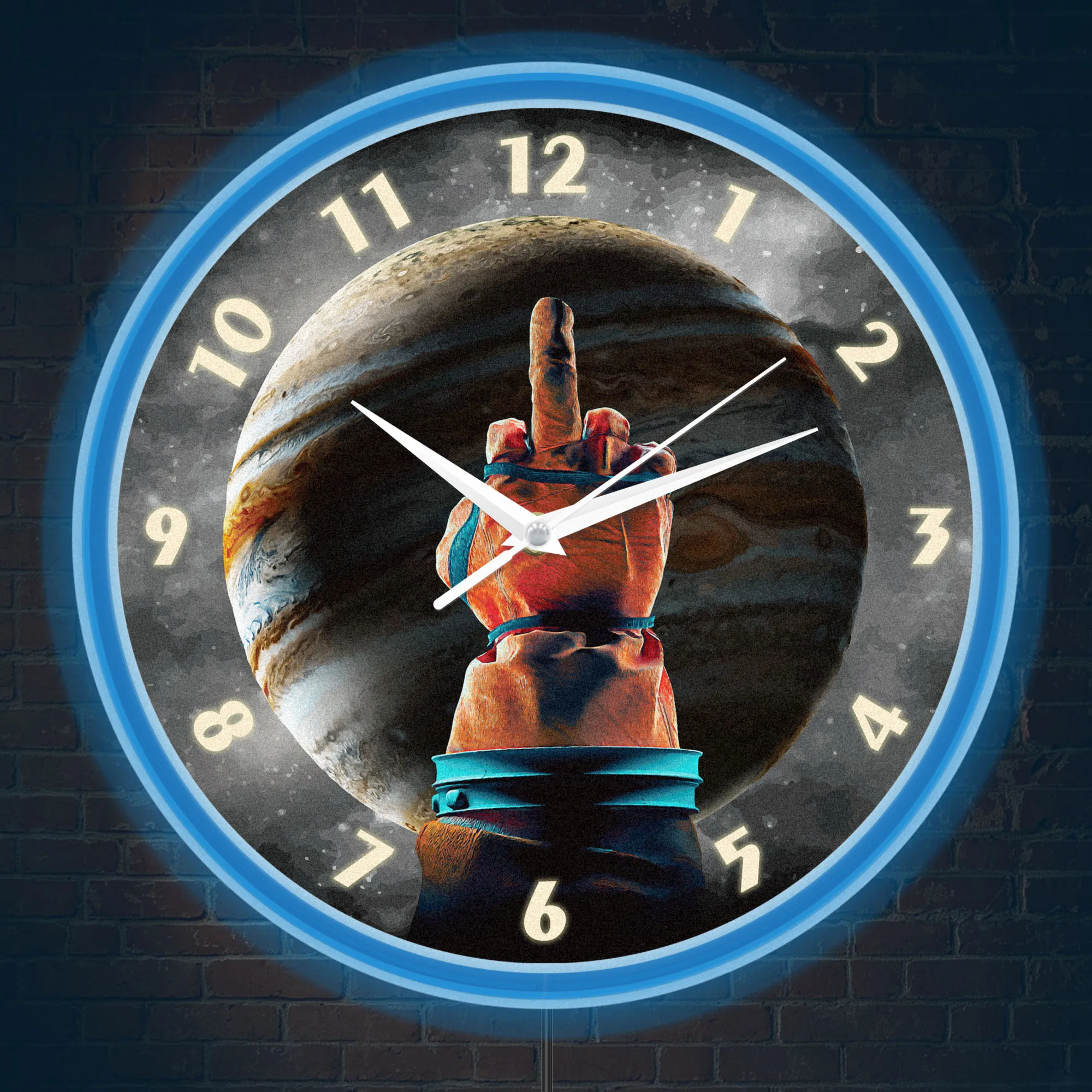 Space Astronaut Middle Finger LED Neon Light Wall Clock Jupiter Planet Galaxy Outer Space Home Decor Wall Clock Glow in Dark