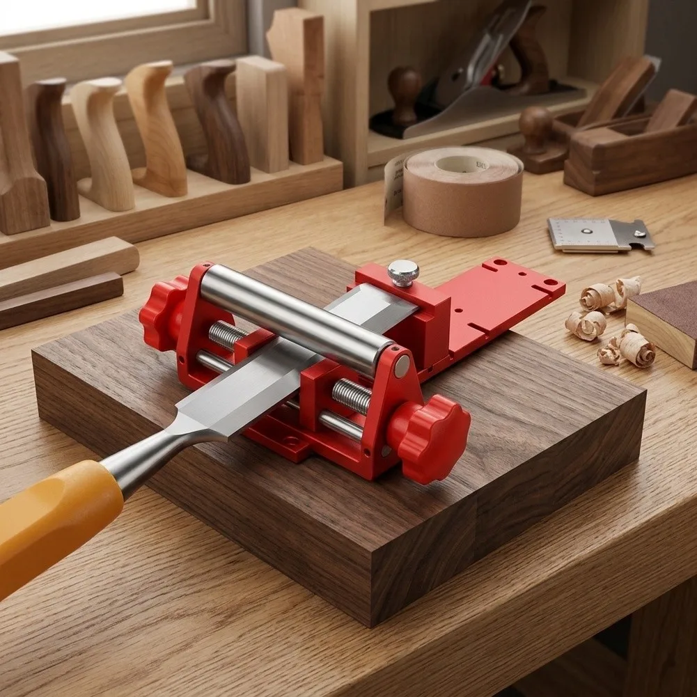 Chisel Honing Guide for Woodworking Projects Aluminum Material 14x5x6cm with Integrated Angle Gauge and Lock Mechanism