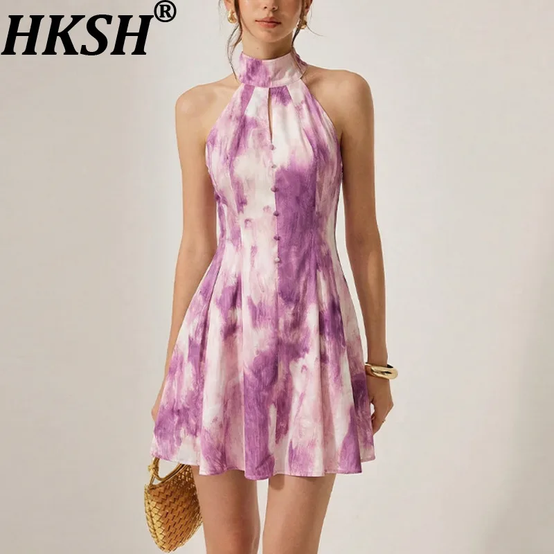 

HKSH Women Short Dress Halter Neck Sleeveless Printed Waist Cinching Slim Fit Ruched Hem Elegant High-end Dresses Summer HK22422