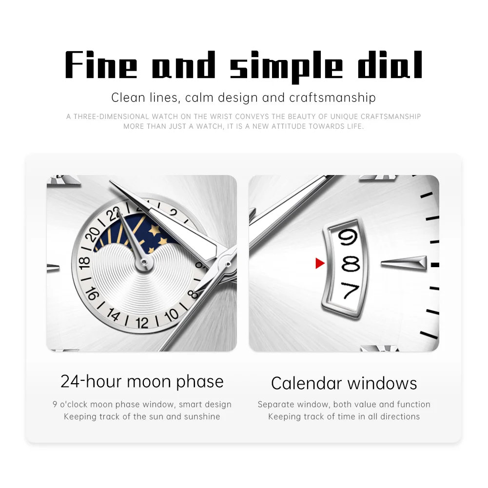 OLEVS Orologio da uomo con movimento automatico Orologio da polso da uomo con calendario multiplo multifunzionale in acciaio inossidabile Orologio da uomo d'affari con fasi lunari