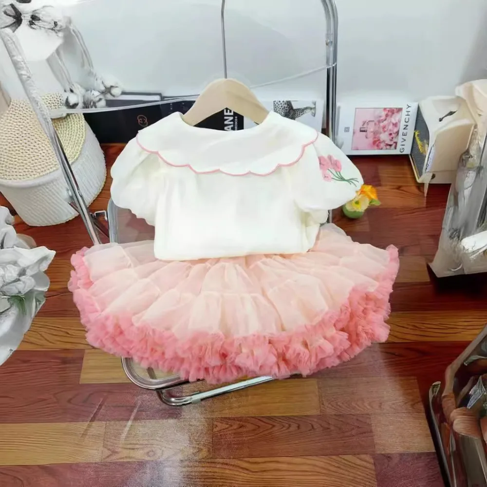 Bear Leader Summer Sweet and Cute Girl\'s Clothing Embroidered Flower Doll Collar Short Sleeve Top+Mesh Puff Skirt Two Piece Set